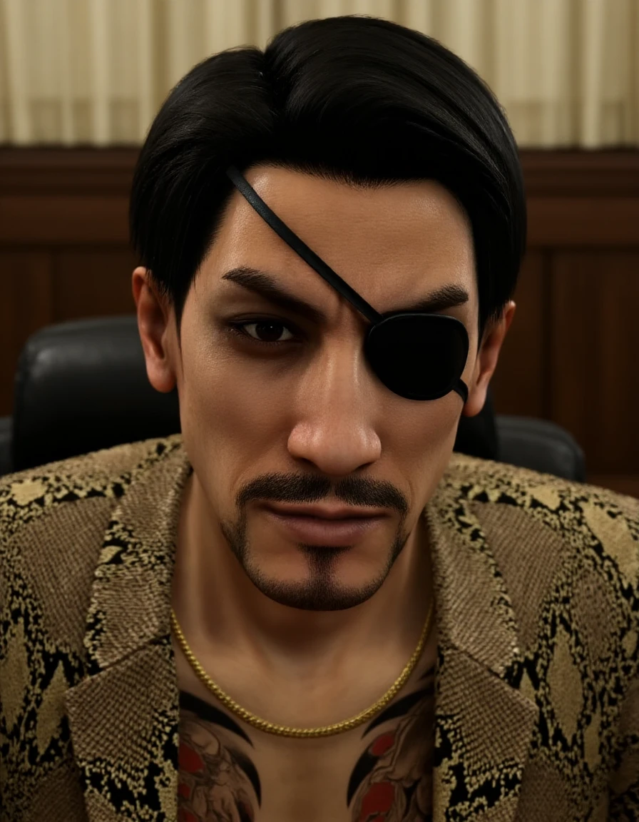 <lora:Goro_Majima:1>  Upper-body photo of Goro Majima wearing a black eyepatch, golden chain necklace and yellow snakeskin jacket. He has tidy hair and subtle beard and moustache. He has a crazy expression. The background implies the interior of a yakuza office.