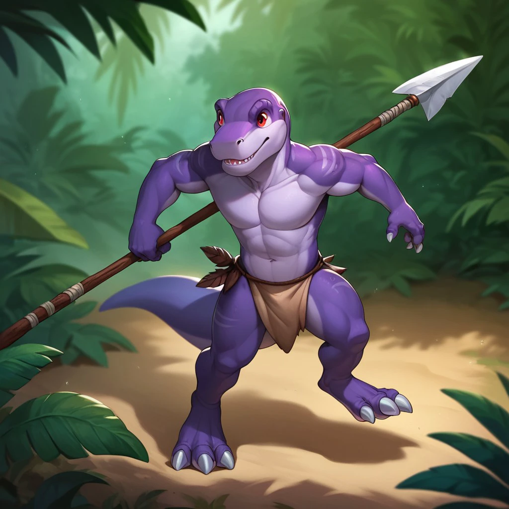 score_9, score_8_up, score_7_up, score_6_up, source_furry, Chomperlbt, anthro, male, Tyrannosaurus, theropod, bipedal, dinosaur, scalie, purple skin, red eyes,  adult anthro, tribal wear, holding a spear, hunting, jungle, running, , <lora:aae7a834-1902-4192-a220-a708e8ffc546:0.7>