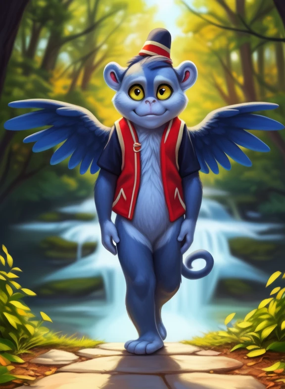 <lora:FrankDorTheWizYif:1> FrankDorTheWiz, monkey, ((wings,) blue fur,) chibi, small body,  yellow sclera, vest, red-black vest, red-black hat,
Looks at the viewer, [  solo, (nature), forest, day, clouds, waterfall,] ((walking, view from above,))
(beautiful, aesthetic, perfect, delicate, intricate, saturated colors), masterpiece, digital drawing, best quality,
by ulitochka, by taran fiddler, by Silverfox5213, by personalami,