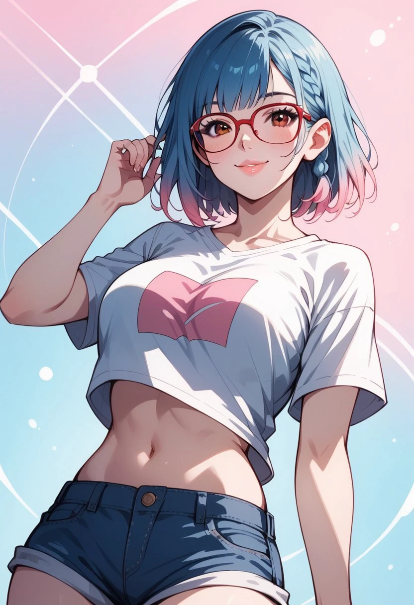 score_9, score_8_up, score_7_up, score_6_up, rating_questionable, 1girl, Beth, BethRH, cute face, medium hair, side braid, blue hair, pink gradient hair, brown eyes, detailed eyes, large breasts, curvy, pale skin, big squared eyeglasses, red framed eyeglasses, clear eyeglasses lens, HD32k, dynamic pose, aesthetic, perspective, solo, detailed, sensual look, pinup pose, abstract background, detailed background, black-red tint, sensual look, pinup pose,  wearing light blue, oversized t-shirt, denim shorts , shy face, smiling, closed lips, front view