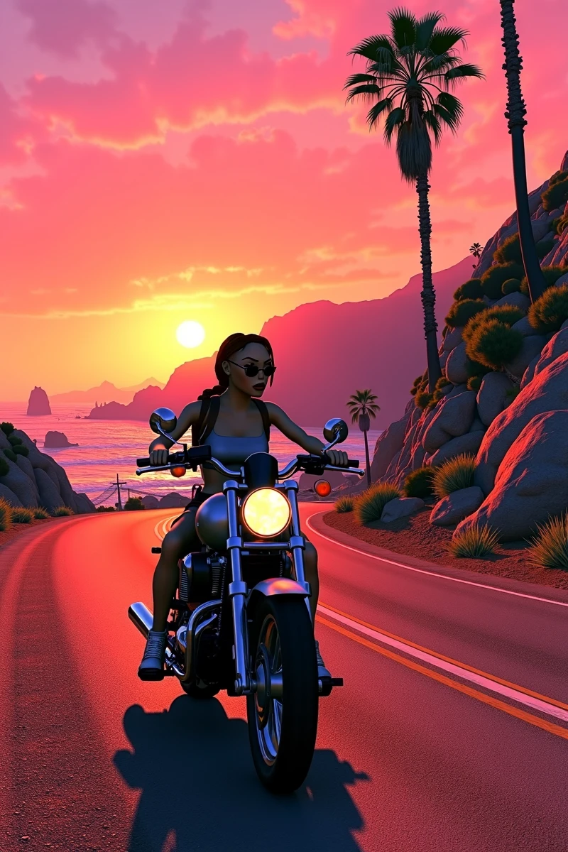 The image is a L4r4Cr0ft woman riding a motorcycle on the road 666 in California. It is sunset and there are palm trees, rocks, bushes and some cliff with a coastline. Overall the image is in tints of oranges and pink.