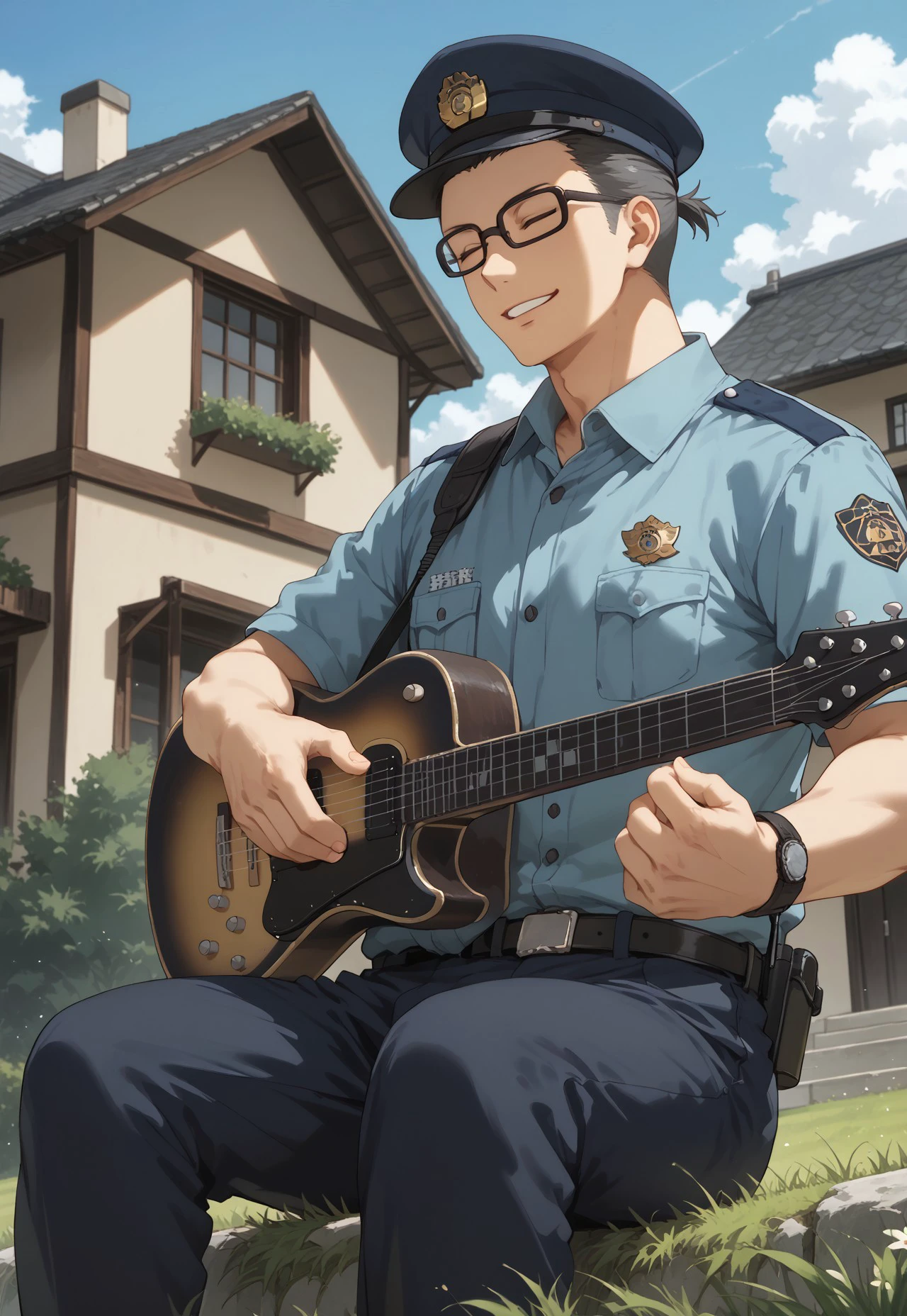 , ,score_9, score_8_up, score_7_up, source_anime, rating_safe, playing instrument, Japanese police soft kepi cap, KojiGIVEN, black-grey_Koji_hair, black_Koji_glasses, closed eyes, 1boy, male focus, manly, electric guitar, HannekenJpPcSm, male Japanese Summer Police Uniform, light-blue collared shirt, dark blue pants, parted lips, smile, sitting, hands with five fingers, blurry outdoors, grass, stone, house exterior, realistic shading, from below, dutch angle, scenery, peaceful,