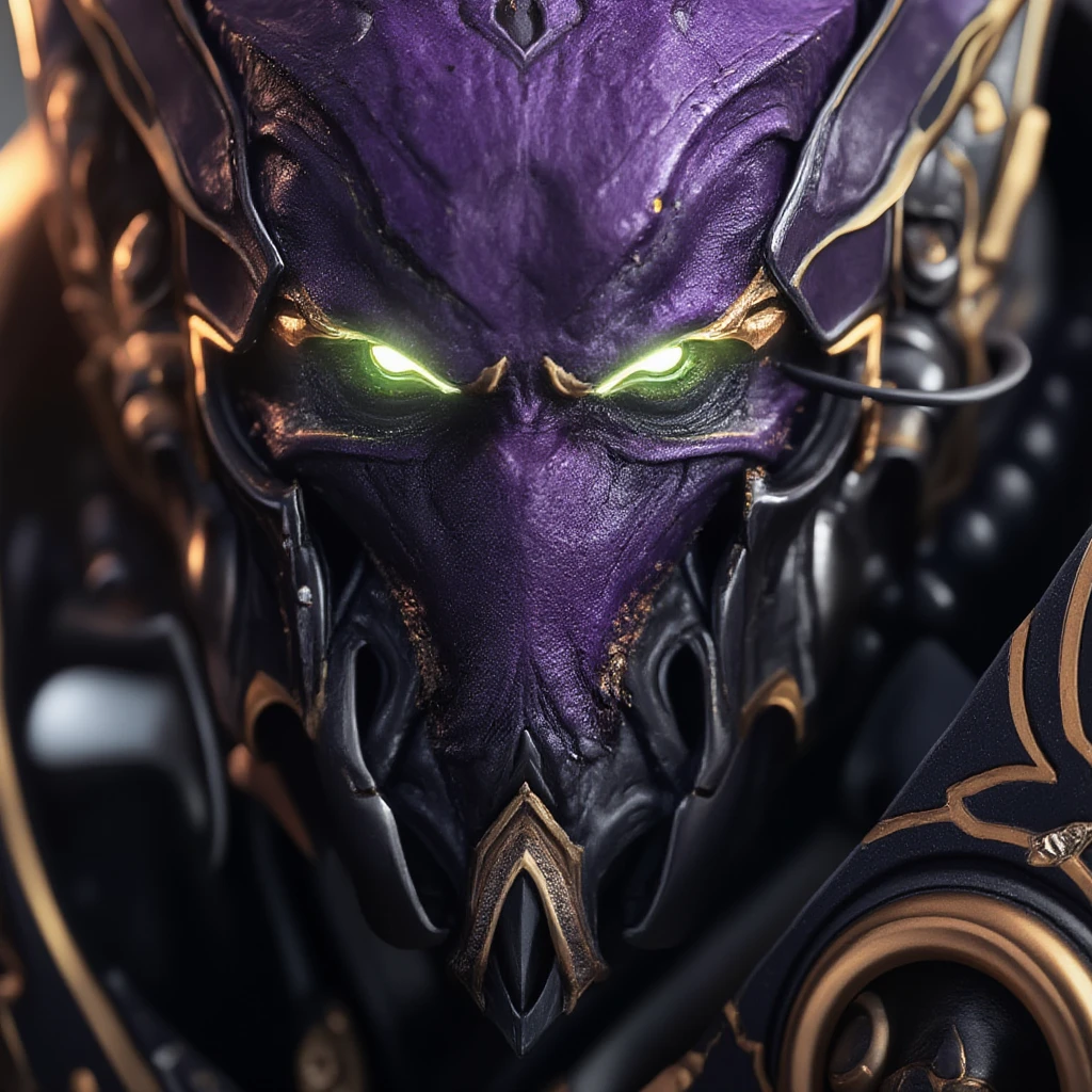 close-up photo of a protoss wonman's face, purple skin, garb, glowing burning green eyes, black armor, ultra realism, 8k, 4k, high-detail, god rays, lens flare, 24mm lens