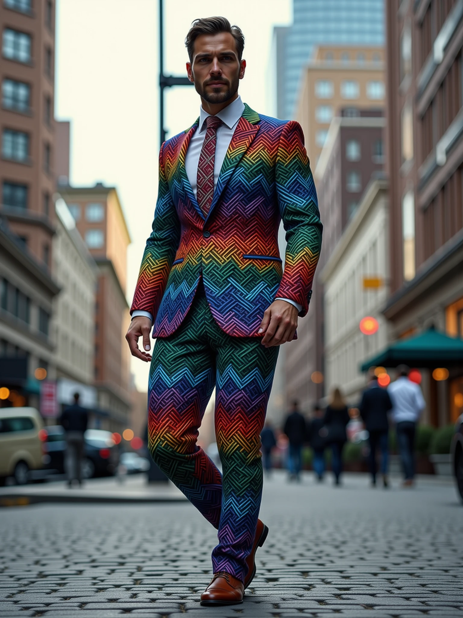 "man wearing a mad-clrflmz suit walking through city, dynamic_pose, from side, light smile, cinematic shot <lora:colorful-maze-flux:1>"