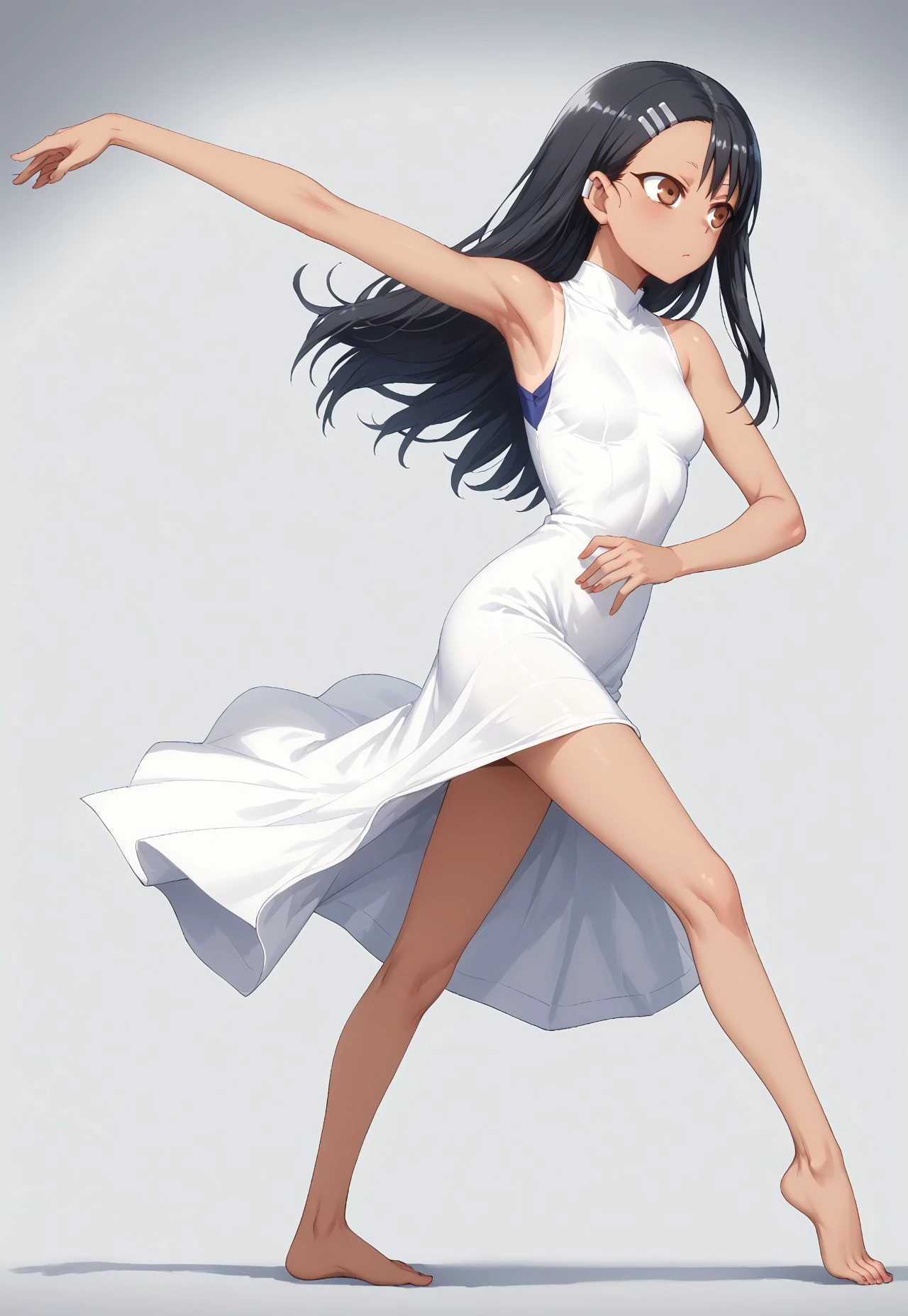 
score_9, score_8_up, score_7_up, ((( )))
,
((( 1girl, solo, Pa005, dancing, outstretched arm)))
,
(( Full body view))
,
((( Petite )))
,
((( )))
,
((nagatoro hayase, brown eyes, dark-skinned female, tan, black hair, hairclip, earclip, hair ornament, long hair, long dress, white dress))
,
(( Empty white room ))
,
(((  )))
,
((((  ))) 