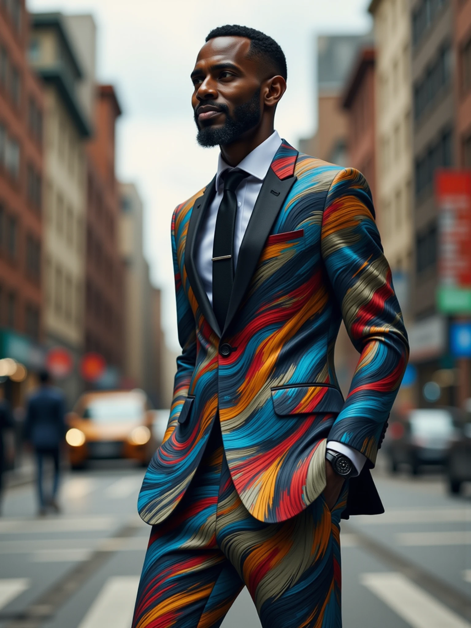 "man wearing a mad-clrflxprssnstc suit walking through city, dynamic_pose, from side, light smile, cinematic shot <lora:colorful-expressionistic-pattern-flux:1>"