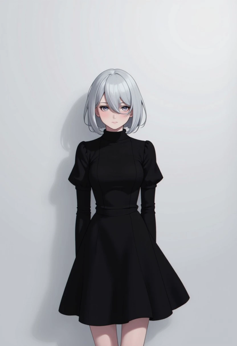 Abbystea style. The image is a digital drawing in a clean, minimalist anime style. It features a young woman standing against a plain, gradient grey background. She has short, bob-cut silver hair with a slight fringe that obscures her eyes, giving her a somewhat mysterious appearance. Her skin is a pale tone, typical of anime characters. She is dressed in a black, high-collared dress with puffed sleeves and a flared skirt, which falls to mid-thigh.