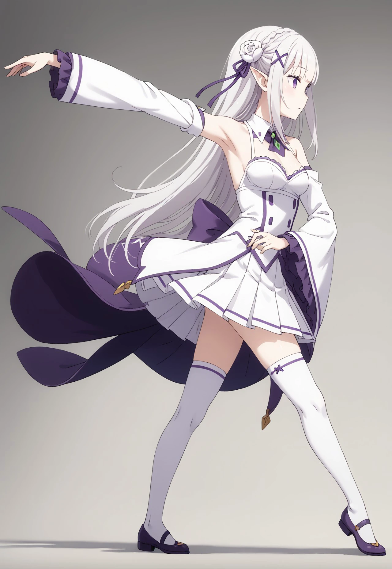 
score_9, score_8_up, score_7_up, ((( )))
,
((( 1girl, solo, Pa005, side view, dancing, outstretched arm)))
,
(( Full body view))
,
((( Petite )))
,
((( )))
,
((<lora:rezero-emilia-s3-leak-ponyxl-lora-nochekaiser:1>, emilia, braid, crown braid, flower, hair flower, hair ornament, hair ribbon, long hair, pointy ears, purple eyes, white hair, x hair ornament,detached collar, detached sleeves, frilled sleeves, frills, long sleeves, miniskirt, pleated skirt, ribbon, skirt, thighhighs, white skirt, white sleeves, white thighhighs, wide sleeves, zettai ryouiki,))
,
(( Empty white room ))
,
(((  )))
,
((((  ))) 