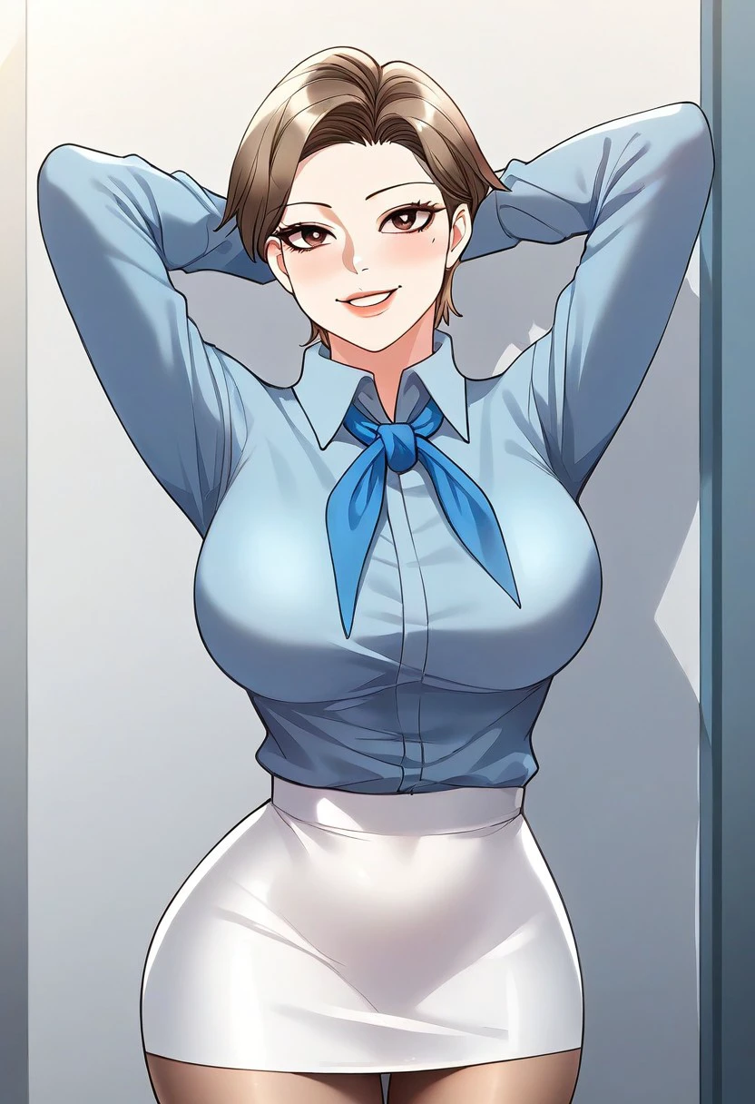 score_9, score_8_up, score_7_up, ASCII masterpiece, source_anime, BREAK, 1girl, solo, (( <lora:han_kyung-ju:1> , han_kyung-ju, thin waist, wide hips, beautiful skin, beautiful brown eyes, clear eyes, bright pupils, beautiful eyes, beautiful light brown hair, beautiful short hair, huge and shaggy breasts, natural beauty, extraordinary beautiful woman, attractive woman, super sexy woman, lustful body, sexy woman with seductive obscene body, sensual body, voluptuous body, sexy beauty, no piercings, no piercing, )), ((blue long sleeves shirt with blue flight-attendant scarf, sexy light brown pencil skirt, light brown pantyhose, )) , looking at viewer, uncensored, sexy pose, beautiful smile, outdoor, airport, looking at viewer, horny, seductive, cute pose, cowboy shot, front view, hands behind head,