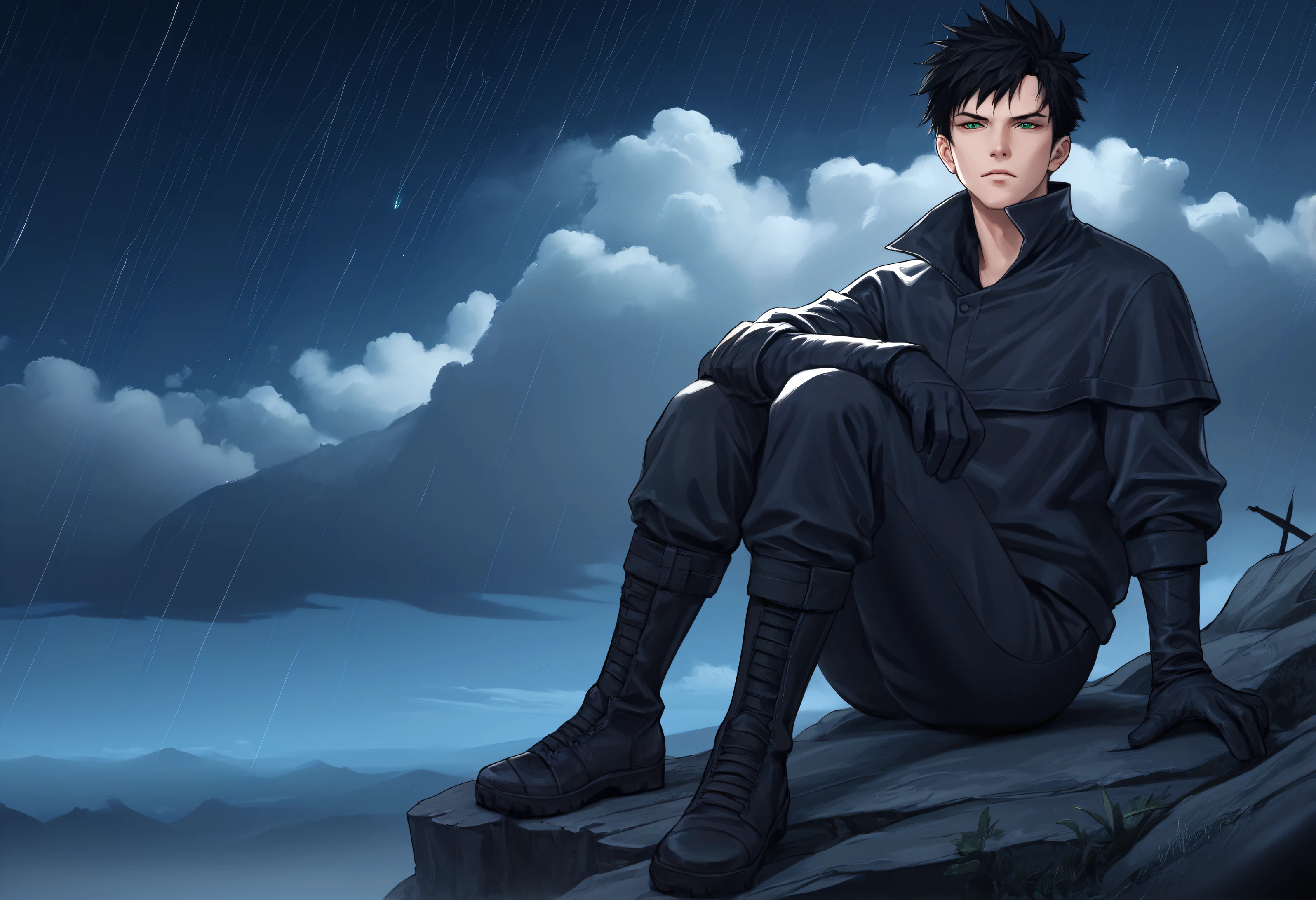 (score_9, score_8_up, score_7_up),source anime,3rg0pr0xy, v1nc3nt, 1boy, male focus, solo, green eyes, gloves, black hair, looking at side, night, heavy rain, cloudy, cliffside, clouds, background, sitting, close