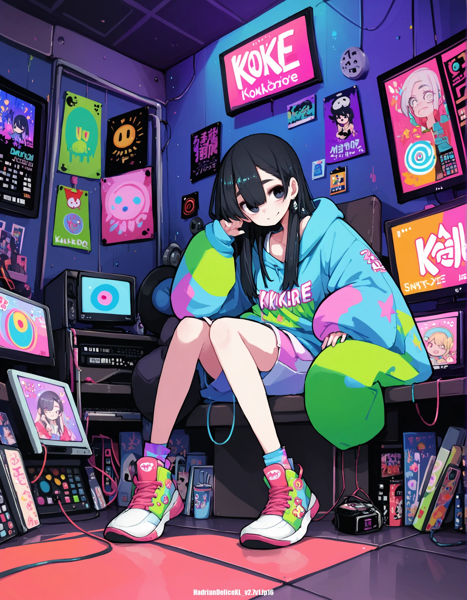 scorce_9,score_8_up,score_7_up,score_6_up,score_5_up, hd5,tnsk,uncensored, official art, colorful,indoors,karaoke,oversized hoodie,1girl,solo,full body,black hair,black eyes ,long hair,multicolored footwear,, smile, dashed eyes,