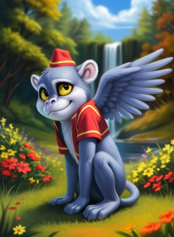 <lora:FrankDorTheWizYif:1> FrankDorTheWiz, monkey, ((wings,) blue fur,) chibi, small body,  yellow sclera, vest, red-black vest, red-black hat,
Looks at the viewer, [  solo, (nature), forest, day, clouds, waterfall,]  ((cowgirl position,))
(beautiful, aesthetic, perfect, delicate, intricate, saturated colors), masterpiece, digital drawing, best quality,
by ulitochka, by taran fiddler, by Silverfox5213, by personalami,