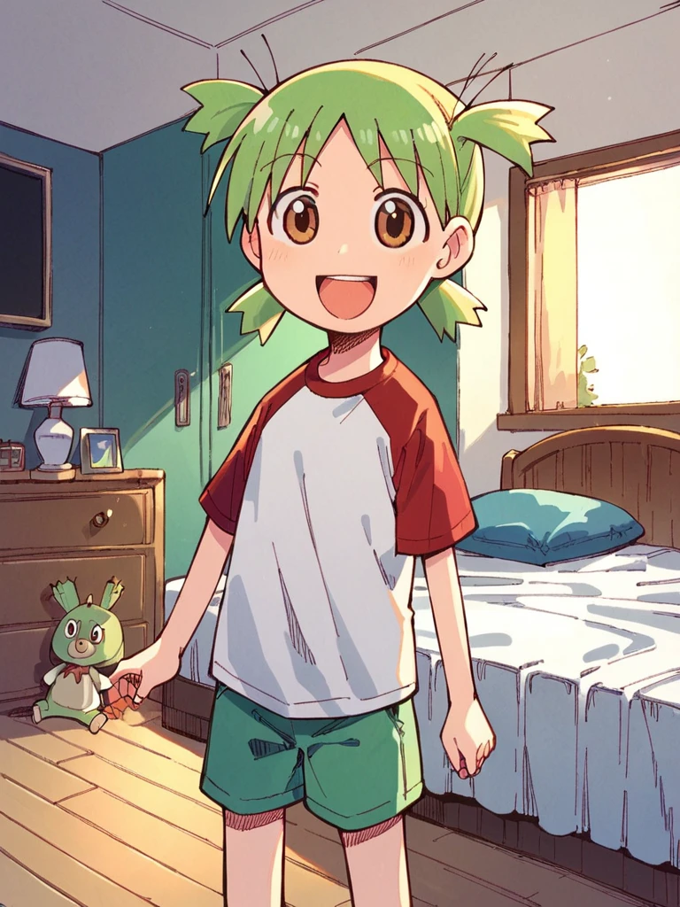 score_9, score_8_up, score_7_up, 
1girl, koiwai yotsuba, quad tails, green hair, brown eyes,

t-shirt, raglan sleeves,  short sleeves, shorts, standing, bedroom, 
looking at viewer, smile, open mouth,


