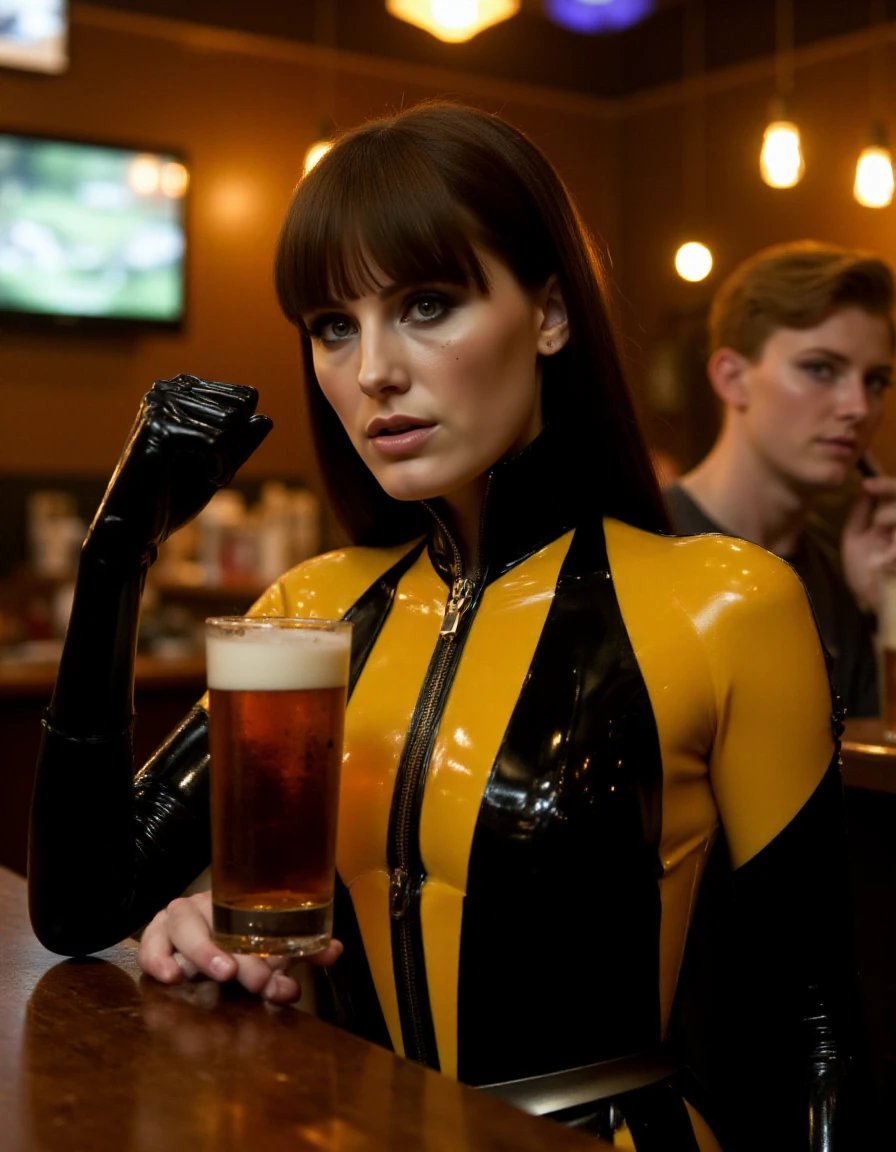 SilkSpectre2 is a woman with a mole on the face. bangs. She wears a yellow a black superhero suit. Portrait. Having a beer in a pub <lora:SilkSpectre2:0.9>