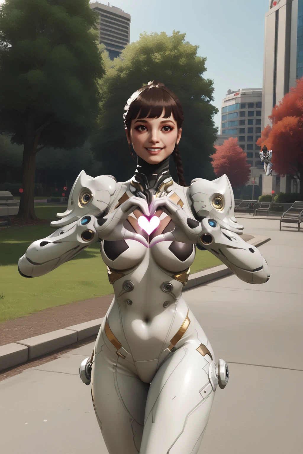 <lora:Ultimate Bunny Apex PredPonyLoRA:1>bnnyapex, long hair, bangs, ponytail, braid, armor, bodysuit, skin tight, science fiction, gloves, running, in a park, smile, hands heart pose,