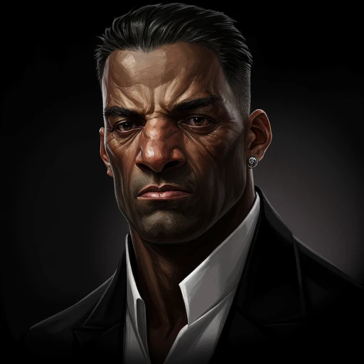 D_Hstyle, this is a highly detailed digital painting of a black man with a dark complexion and a stern expression. the artwork is rendered in a realistic, yet exaggerated style, with a focus on texture and light. the man's face is deeply lined, with prominent wrinkles and scars, giving him a weathered appearance. his hair is styled in a short, slicked-back manner, with dark, almost black, highlights. he has a small, close-cropped beard and wears a single, small earring in his left ear. his eyes are piercing, with a deep, intense gaze. the background is a dark, gradient, which contrasts sharply with the man's skin tone, making his features stand out prominently. he is dressed in a dark suit with a white shirt, the collar of which is visible at the neck. the painting style is highly detailed, with visible brush strokes and a mix of light and shadow that creates depth and dimension. the overall mood is intense and somewhat foreboding, with the man's expression suggesting a sense of authority or perhaps danger.