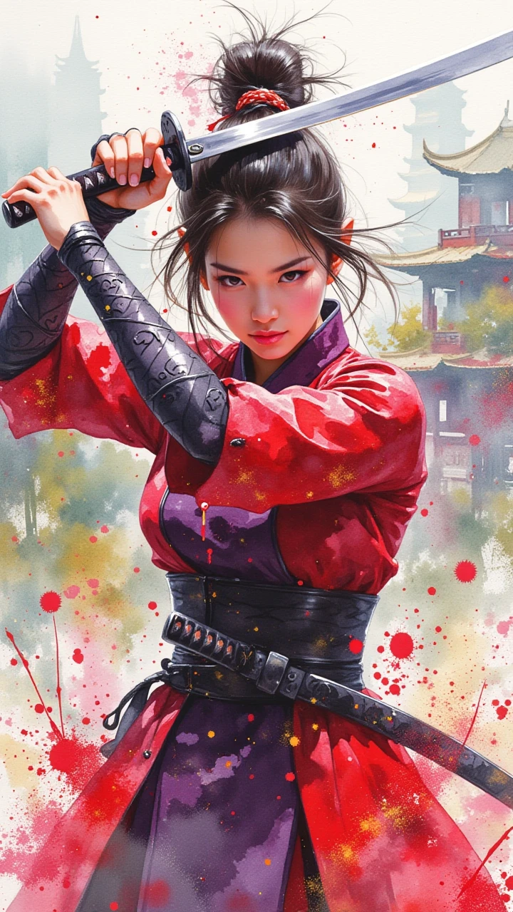 Watercolour style, vibrant, dynamic digital artwork features a young woman with an athletic build, dressed in traditional martial arts attire, exuding a sense of strength and determination. She is depicted in a powerful stance, gripping a sword with both hands, ready to strike. Her dark hair is styled in a messy, high ponytail, with loose strands framing her face. Her attire is a rich, deep red, adorned with intricate, swirling patterns in darker shades, suggesting a mix of traditional and modern martial arts influences. The background is a blurred, abstract representation of a ancient, mystical city, with towering spires and temples that evoke a sense of mysticism and history. The artist's brushstrokes are bold and expressive, blending watercolor and digital media to create a textured, almost three-dimensional effect. The color palette is rich and vibrant, with splashes of bright red, orange, and yellow, set against a muted, blue-green background that evokes a sense of ancient, mystical landscapes. The overall style is reminiscent of modern digital art, blending traditional and contemporary techniques to create a dynamic, immersive experience. The artwork exudes a sense of energy, movement, and cultural heritage. <lora:watercolor_v1:1>