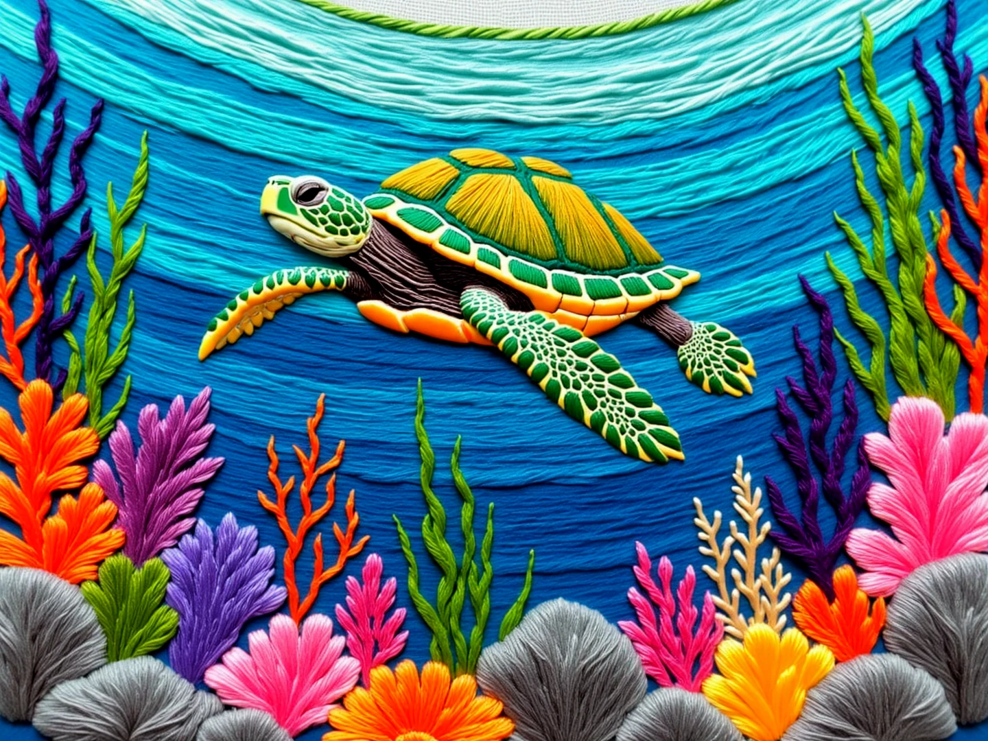 Embroidery. A turtle swimming in the ocean amongst coral and rocks and seaweed.

thrdsCE