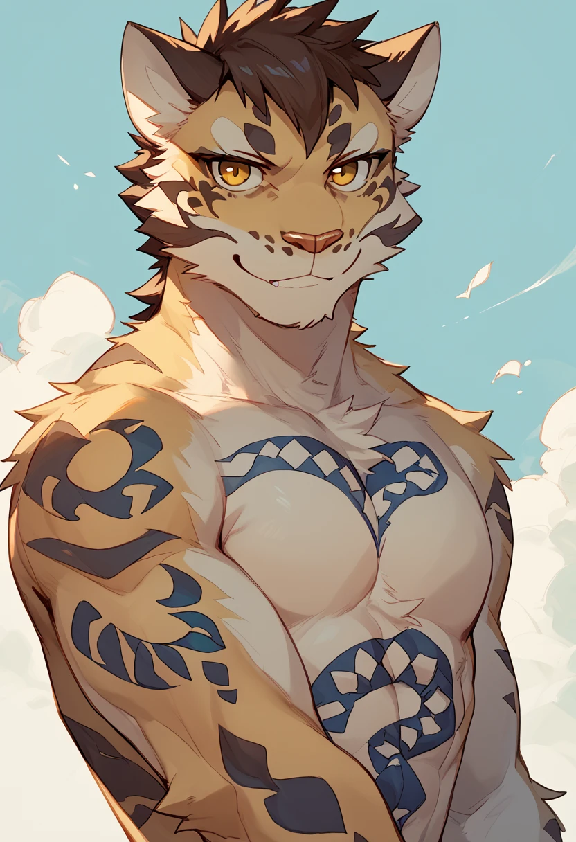 score_9, score_8_up, score_7_up, high quality, hires, likulau, nekojishi, cl0uded le0p4rd, furry, tattoo, solo, topless, smile, looking at viewer, <lora:Likulau_Nekojishi:1>