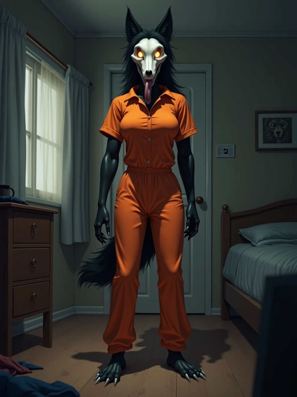 In a dimly lit bedroom, the unsettling figure of a female monster named SCP-1471 stands directly in front of the camera. She wears an orange prisoner jumpsuit, its loose fit contrasting with her sleek, black fur that ripples faintly in the room’s soft shadows. Her long, clawed hands hang at her sides, each claw sharp and glinting in the low light. Despite her animalistic, menacing appearance, there is something strangely graceful about her posture, almost as if her movements are deliberate and controlled, giving her a distinctly feminine presence. She is sticking her long tongue out.
Her face is dominated by the stark, white structure of a canine skull, unnaturally elongated and eerily devoid of flesh, adding to the disturbing nature of her appearance. The dark hollows where her eyes should be glow faintly, but from within these voids, her pupils burn with an intense, ominous light, their glow cutting through the shadows and casting faint reflections on the walls. Her eyes lock onto the viewer with a chilling intensity, a predator watching its prey.

The bedroom around her is simple but chaotic, with an unmade bed and clothes scattered across the floor, adding to the feeling of invasion. She stands tall and unyielding, her form partially illuminated by the faint light spilling in from a nearby window. Though her presence is terrifying, her figure remains eerily feminine, lithe and slender, her movements predatory yet elegant, every step slow and deliberate as if she’s savoring the moment before the inevitable.