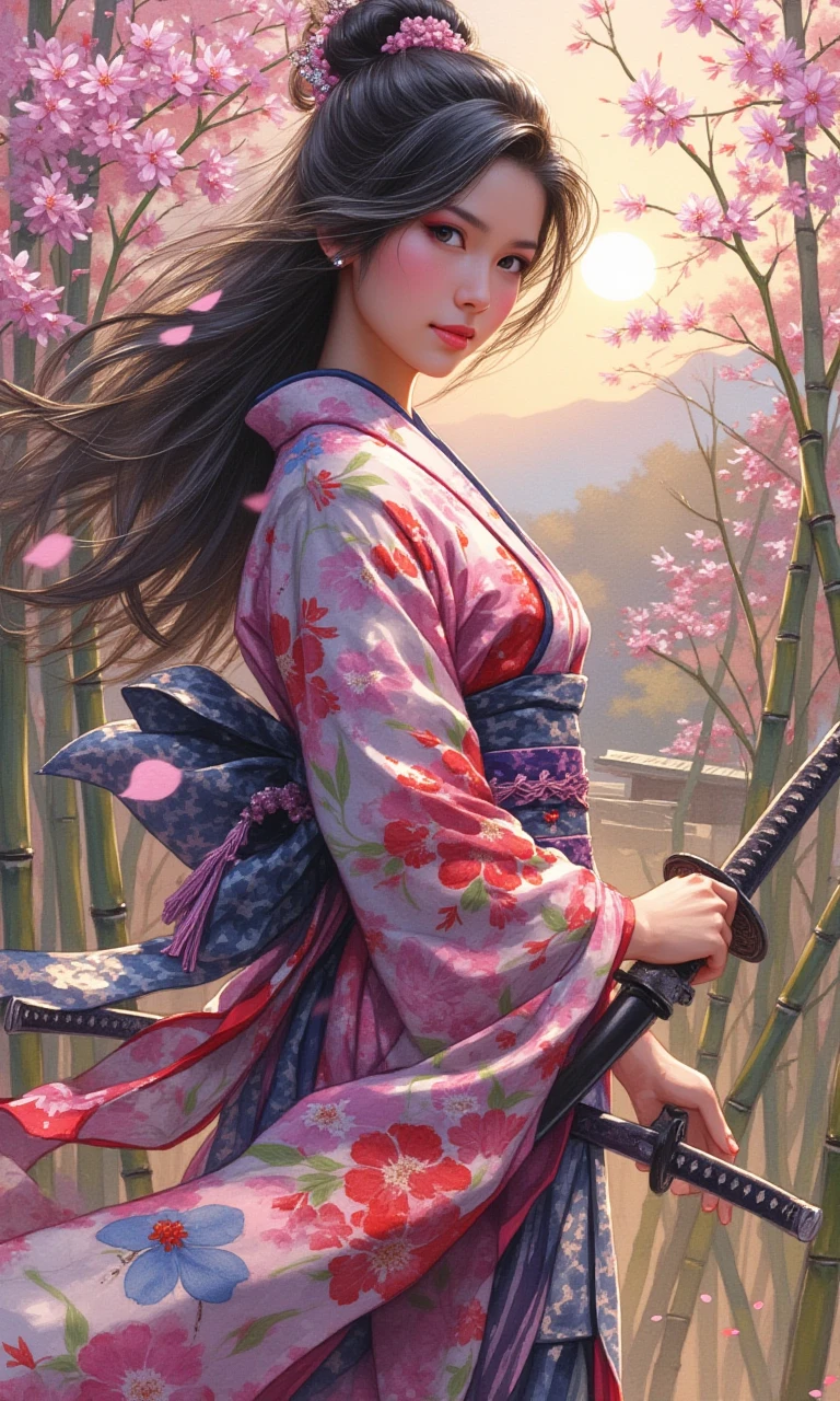 Watercolour style, digital artwork, a beautiful woman dressed in a traditional silk kimono adorned with intricate floral patterns, standing in a quiet Japanese garden at dusk. She holds a katana with both hands, the blade reflecting the soft glow of a fading sun. Her expression is calm but determined, framed by her flowing black hair that cascades over her shoulders. The garden around her features delicate cherry blossoms and bamboo, painted with soft, fluid brushstrokes in pastel pinks and greens. The overall mood is one of elegance and strength, with a harmonious balance between the peaceful garden and the poised warrior. The image draws inspiration from Edo-period art, capturing the serenity and beauty of the scene with vibrant yet soft colors.<lora:watercolor_v1:1>