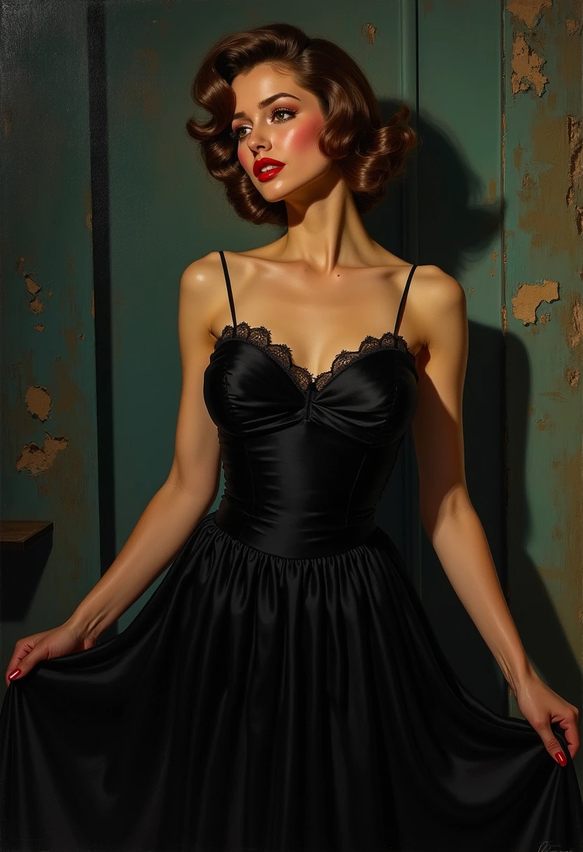  a pinup painting of woman,, hud_p1nup_styl,Nocturnal Elegance, Elegant, night, enigmatic, noir sophistication, sundress, 