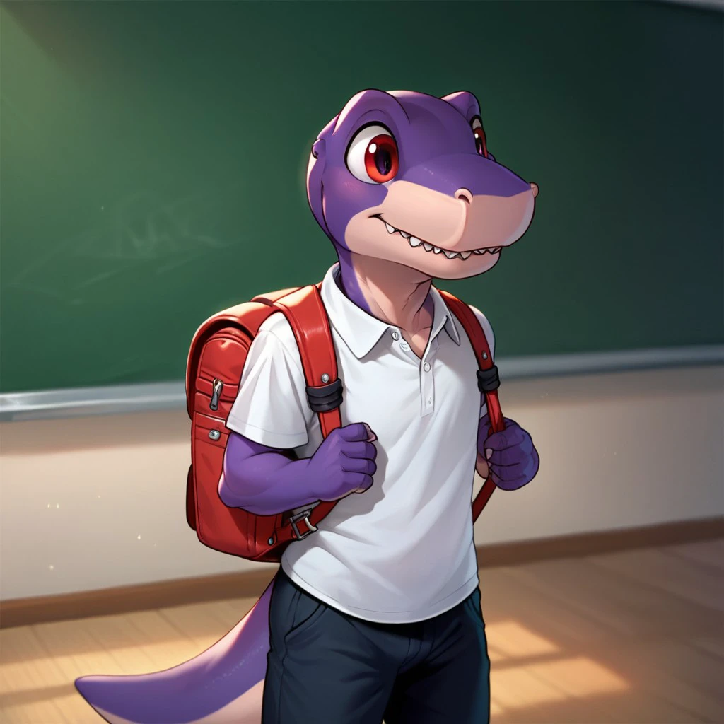 score_9, score_8_up, score_7_up, score_6_up, source_furry, Chomperlbt, anthro, male, Tyrannosaurus, theropod, bipedal, dinosaur, scalie, purple skin, red eyes,  young anthro, school, shirt, pants, backpack, <lora:4405b1f5-91f0-4280-aba9-353fb1e3466a:0.7>