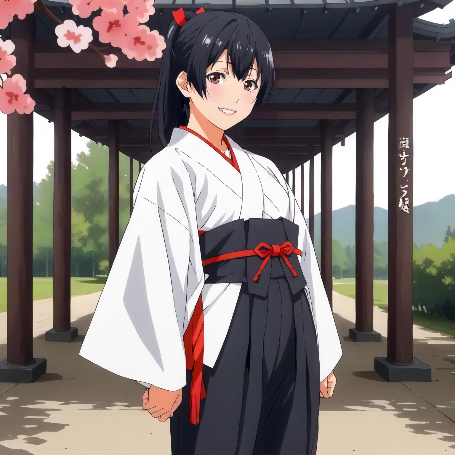 <lora:ToY_AoiXLpony002>,
outdoors,nature,
smile,
solo,
Aoi,1girl,black hair,ponytail,red hairbow,brown eyes,
white kimono,dougi,
hakama_skirt,black hakama,black hakama,
standing,