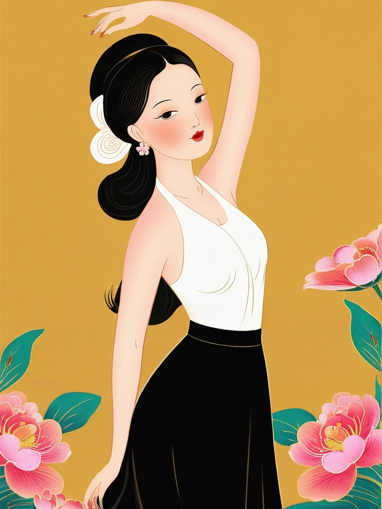 <lora:NGUYENLADY:1>,in style of NGUYENLADY, illustration of a woman, hair ornament ,(((white halterneck))), black skirt, earrings, hand up, beauty ,pink flower, flower background, full body, best quality