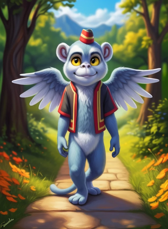 <lora:FrankDorTheWizYif:1> FrankDorTheWiz, monkey, ((wings,) blue fur,) chibi, small body,  yellow sclera, vest, red-black vest, red-black hat,
Looks at the viewer, [  solo, (nature), forest, day, clouds, waterfall,] ((walking, view from above,))
(beautiful, aesthetic, perfect, delicate, intricate, saturated colors), masterpiece, digital drawing, best quality,
by ulitochka, by taran fiddler, by Silverfox5213, by personalami,