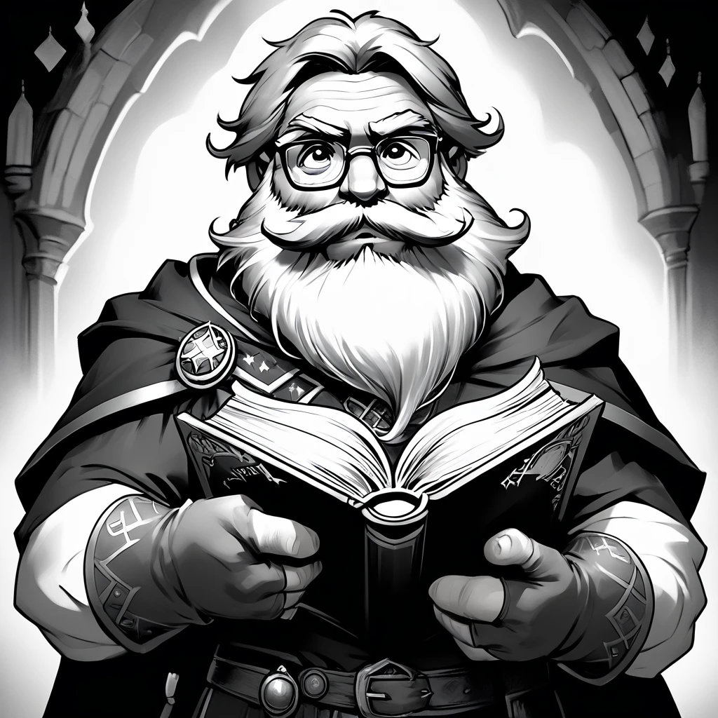 core_9, score_8_up, score_7_up,   <lora:DnDBWIllustrationPony:1> ArsMJStyle, DnDBWIllustration, wizard, The image shows a black and white illustration of a man with a long beard and glasses holding a book in his hands. He is wearing a costume and the background is dark., greyscale, 1boy, monochrome, male focus, book, solo, facial hair, glasses, beard, gloves