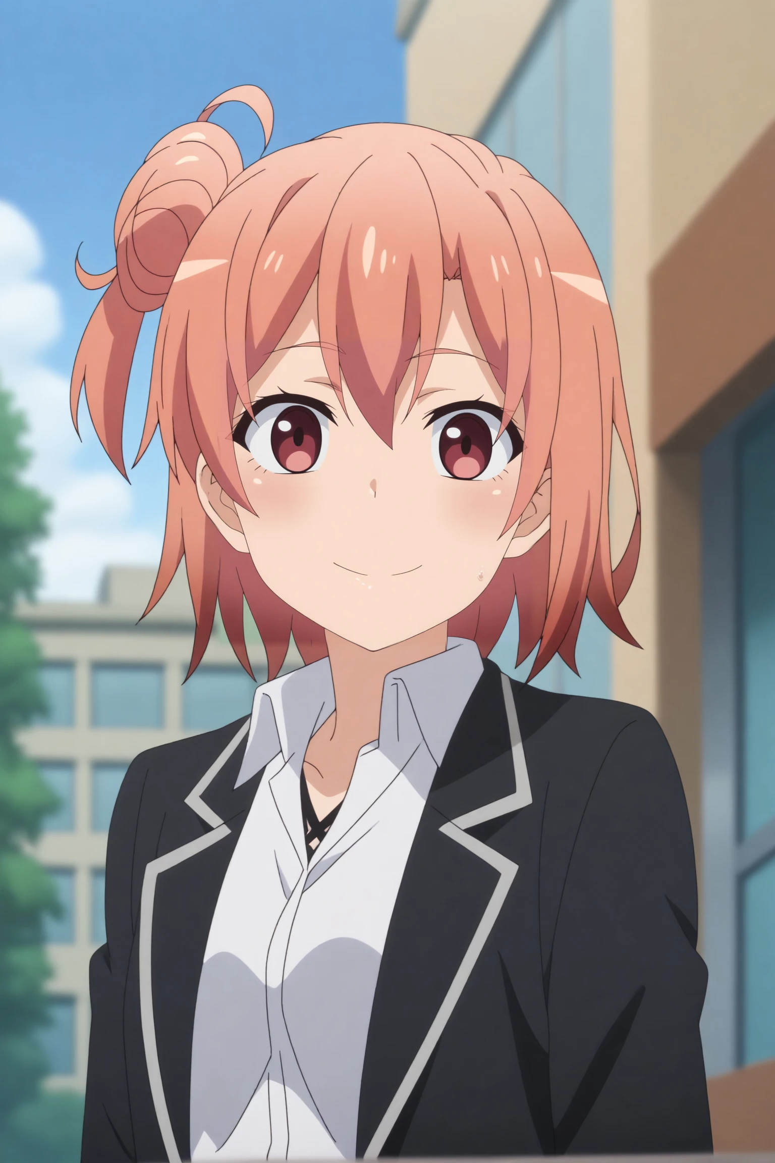 yuigahama yui,1girl,hair bun,single hair bun,short hair,solo,school uniform,sobu high school uniform,shirt,jacket,hair between eyes,black jacket,looking at viewer,blazer,outdoors,ahoge,windows,blue sky,dutch angle,city,smile,upper body,hands behind the back,blush <lora:Yuigahama_Yui_-_Yahari_Ore_no_Seishun_Love_Come_wa_Machigatteiru.safetensors:0.8>