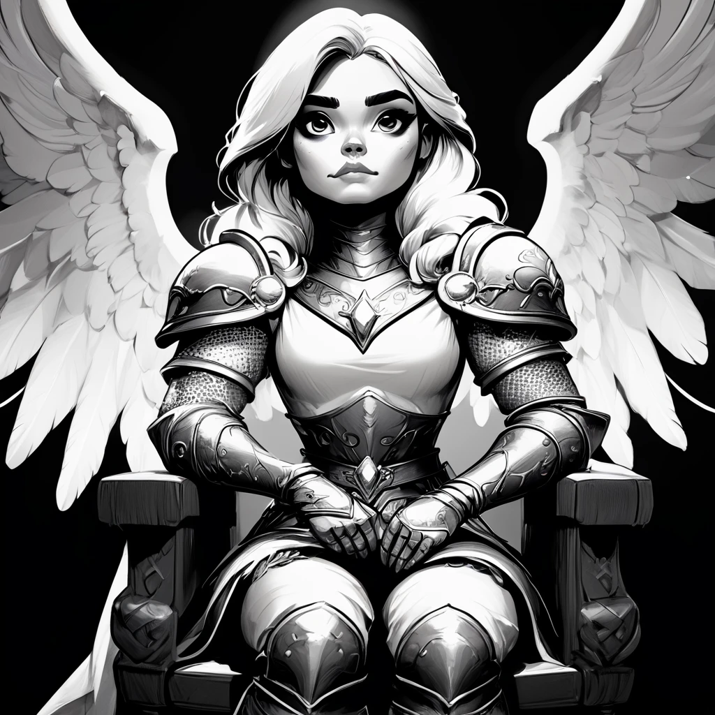 core_9, score_8_up, score_7_up,   <lora:DnDBWIllustrationPony:1> ArsMJStyle, DnDBWIllustration, Aasimar, The image shows a black and white drawing of an angel with wings sitting on a chair against a black background., 1girl, monochrome, greyscale, solo, armor, wings, shoulder armor, looking at viewer, sitting, long hair