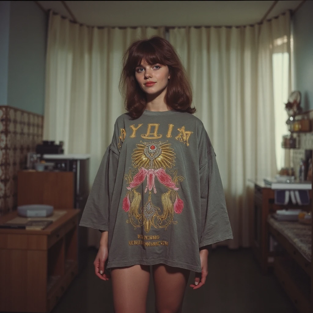 photo of young soviet woman wearing a oversized graphic shirt in her 1986 kitchen, no pants ,flash photography, harsh flash, R3troVintage