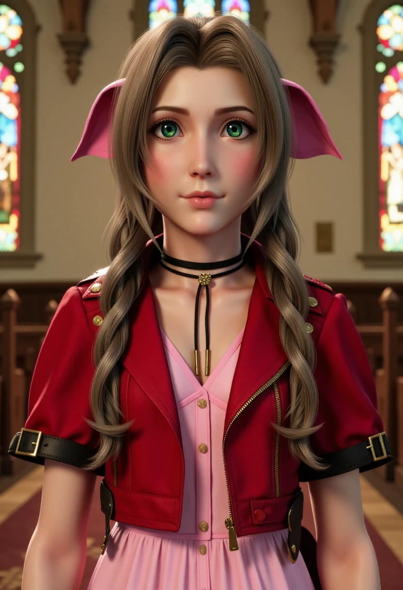 <lora:Aerith_FX_V2:1> an upper body image of aer1th wearing a cropped red jacket, pink dress, and pink hair bow, with a church background