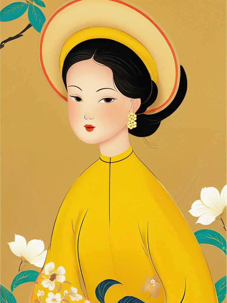 <lora:NGUYENLADY:1>,in style of NGUYENLADY, illustration of a woman, hair ornament,headwear ,round hat, earrings, long dress, yellow dress, beauty ,floral print,  ((( flower blackground))), full body, best quality