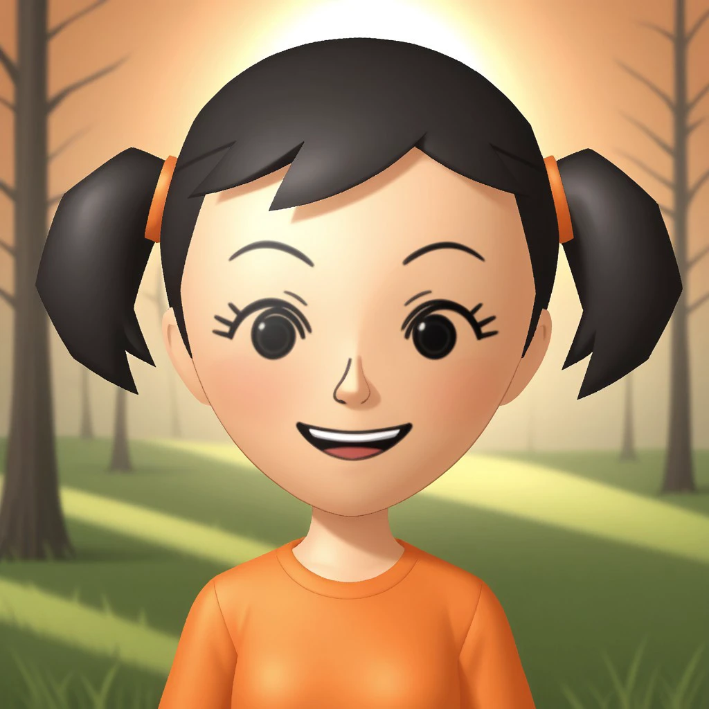 score_9, score_8, BREAK, solo, mii, wii, black hair, twintails, black eyes, dot eyes, blush, open mouth, teeth, orange clothing, black pants, sneakers, wii music, female mii, 1girl, Naoko_(\Wii_Music\), Nintendo Mii, modern_mii, classic_mii, cute, small breasts, sexy pose, smile, outdoors, sunlight, shadows, evening lighting, natural lighting, forest, trees, grass, orange sky, sunset