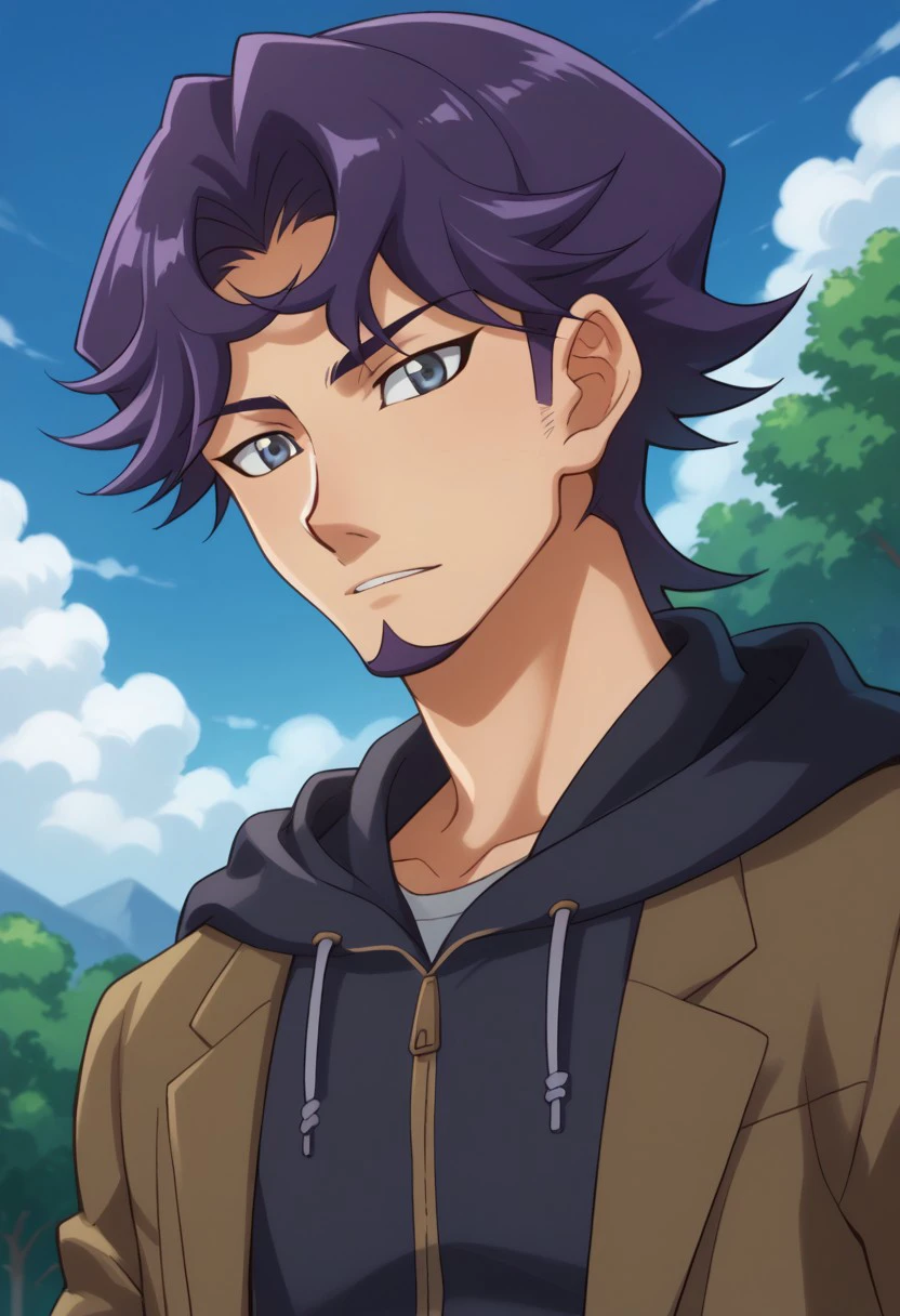 score_9, score_8_up, score_7_up, source_anime, highly detailed, 
shoichi, 1boy, solo, male focus, hood, denim, hoodie, grey eyes, facial hair, jeans, purple hair, pants, upper body,
outdoor, sky, tree, cloud.