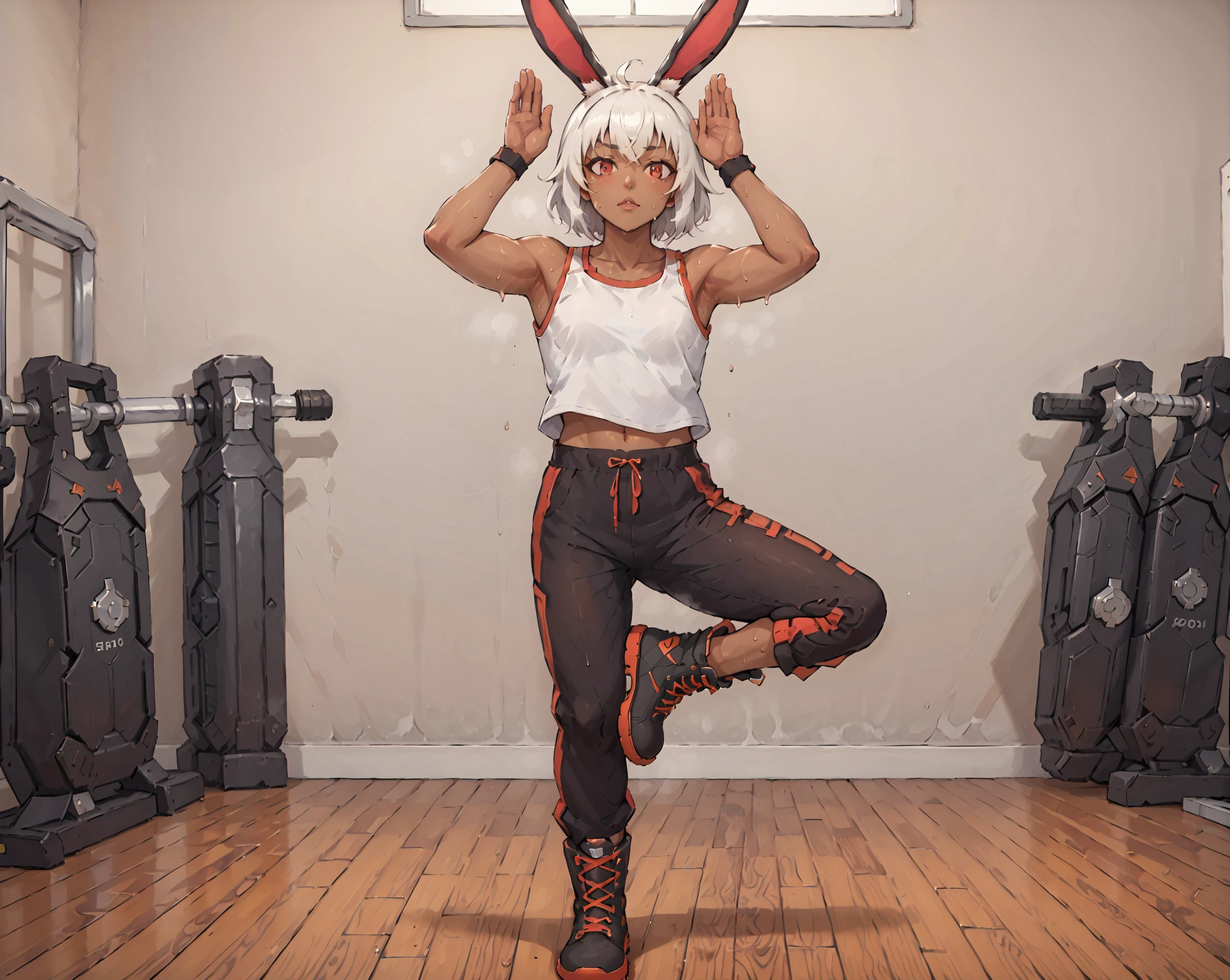 <lora:NS2000_Girls_Frontline:0.8> ns2000, dark skin, rabbit ears, white hair, bangs, red eyes, white tank top, sweat pants, boots, gym setting, <lora:tree_poseyoga:0.9> tree pose, standing on 1 leg