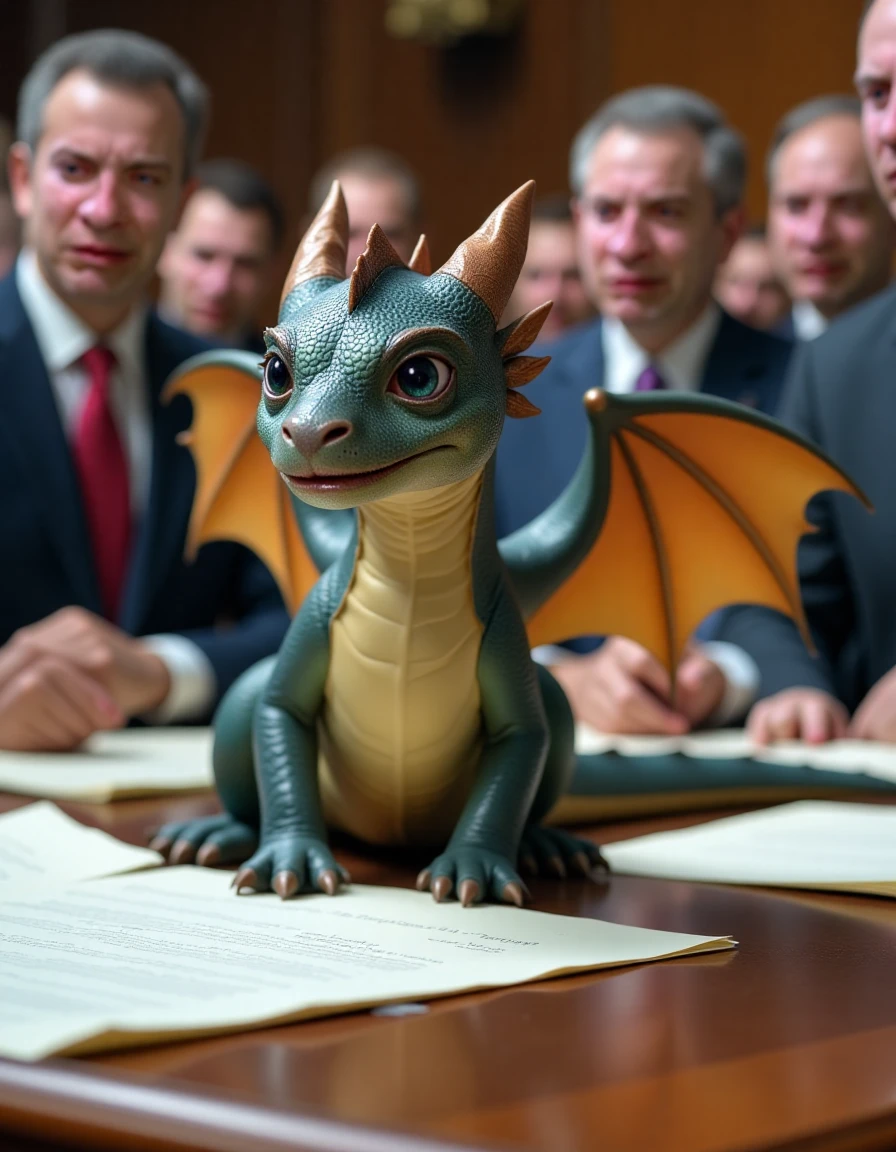 closeup photog a winged baby dragon interfering with the passage of laws in the US Senate, detailed background of the Senate chamber with frozen and confused Senators watching the dragon making a mess of documents and stationery. The dragon's scales of varying color and are hard and shiny as though metallic. 