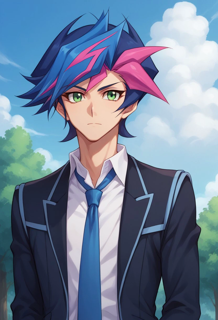 score_9, score_8_up, score_7_up, source_anime, highly detailed, 
yusaku, 1boy, male focus, necktie, solo, school uniform, green eyes, multicolored hair, blue hair, 
two-tone hair, pink hair, blue necktie, blazer, upper body
outdoor, sky, tree, cloud