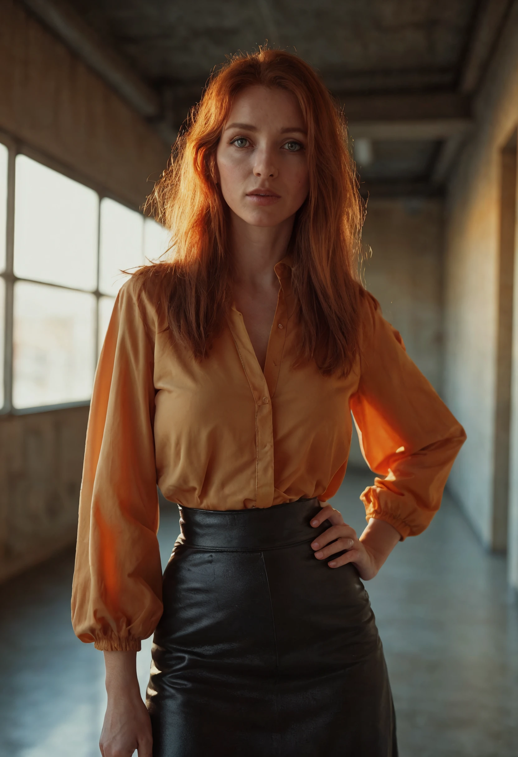 The camera, a Canon EOS 5D Mark IV with a 50mm f/1.2 lens, captures a close-up of an English woman with striking auburn hair, confidently standing with a hand on her hip, the smooth leather of her skirt and the flowing chiffon of her blouse juxtaposed against a backdrop of sleek, industrial space bathed in warm, natural light streaming through a large window, creating a dreamy, cinematic effect with a shallow depth of field, echoing the style of Mario Testino, and highlighting her powerful presence in a low-angle shot.