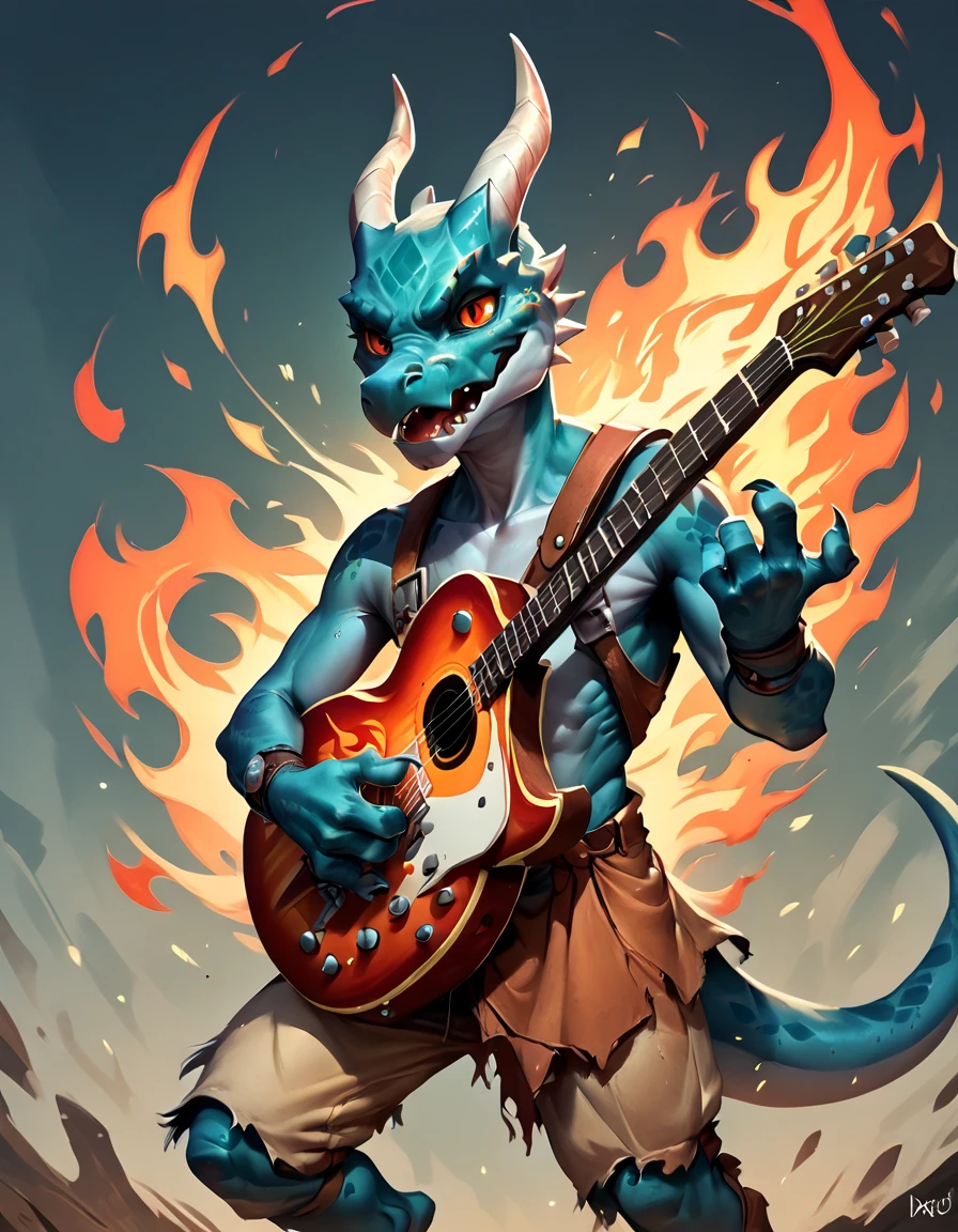 score_9, score_8_up, score_7_up, score_6_up, score_5_up, kobold, blue skin, bard, guitar <lora:Kobold-Pony:1> horns , flames, red eyes