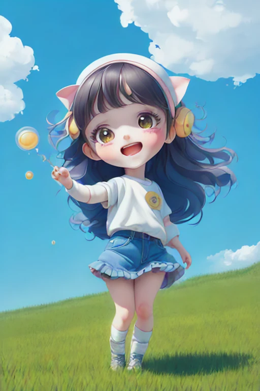 (masterpiece),(bestquality),(ultra-detailed),(fullbody:1.2),1girl,chibi,cute,smile,openmouth,cute cat, blue sky, green grass