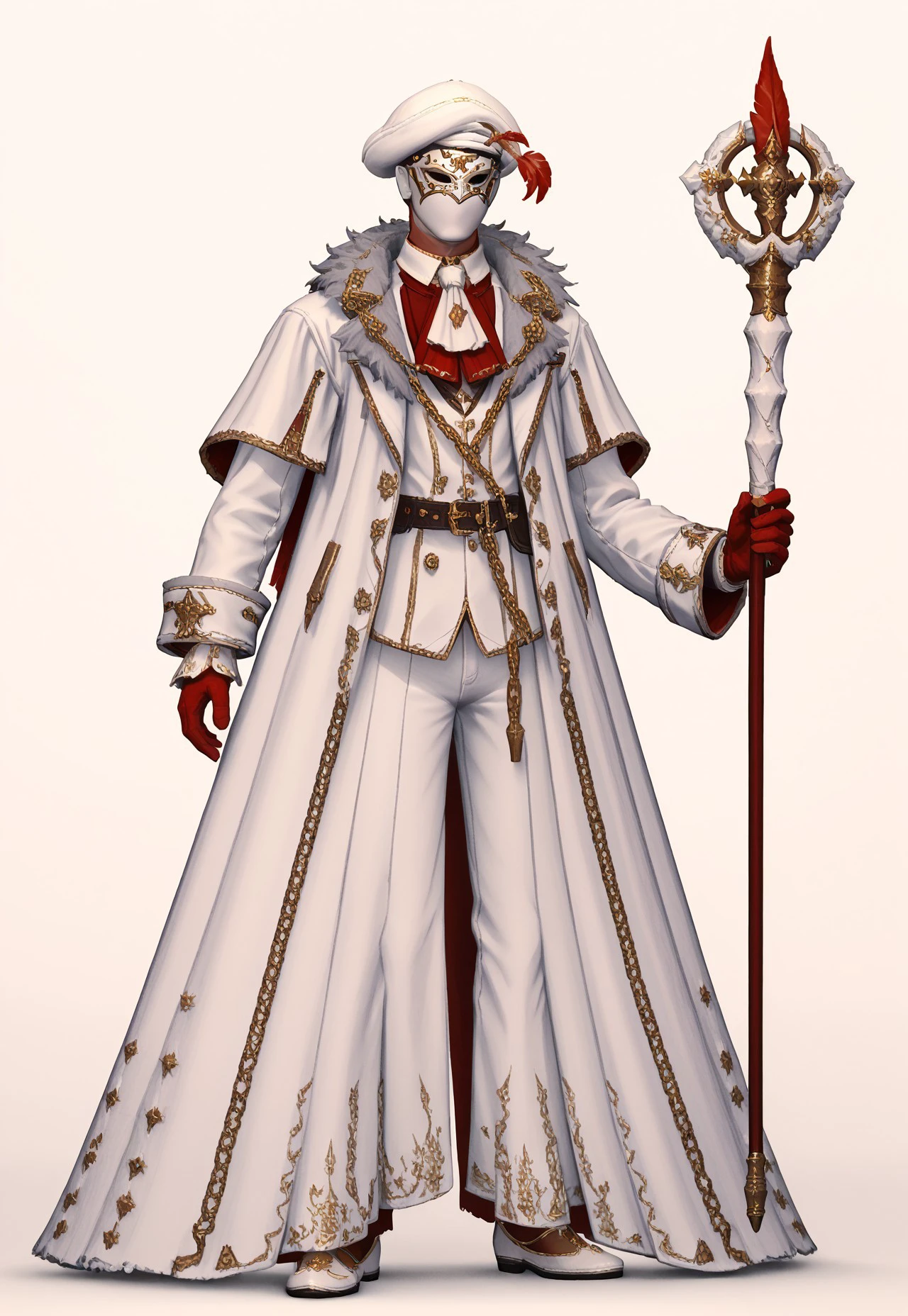 archeo_rinascita, solo, white headwear, mask, gloves, hat feather, standing, red gloves, full body,  male focus, 1boy, long sleeves, arms at sides, ascot, hat, pants, white footwear, chain, coat, fur trim, white coat, jewelry, capelet, white jacket, belt, ffxiv, fantasy clothing, final fantasy xiv, outdoors, staff, holding staff, magic, sparkles, healing magic pose BREAK PonyXLV6_Scores