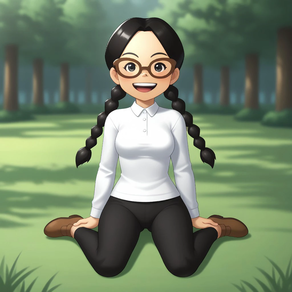 score_9, score_8, BREAK, solo, mii, wii, black eyes, brown glasses, small nose, half circle nose, big mouth, open mouth, teeth, mole under mouth, black hair, low braids, white clothing, black pants, shoes, blush, 1girl, female mii, cute, medium breasts, keiko_(\Wii_Sports\), wii Sports, Nintendo Mii, modern_mii, classic_mii, sexy pose, smile, outdoors, sunlight, shadows, evening lighting, natural lighting, forest, trees, grass, orange sky, sunset, PONYXL_WaifuFeetPics_ownwaifu, perfect feet, soles, 4 toes in left foot, 4 toes in right foot, perfect anatomy, accurate anatomy, foot focus, feet, toes, sitting