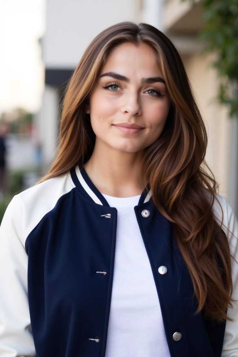 upper body photograph of a woman standing outdoors, wearing a navy and white varsity jacket with a white T-shirt underneath. calm and composed facial expression, with a slight, natural smile. She has light makeup with a focus on her eyes, which are accentuated with subtle eyeliner and mascara. 
<lora:SofiaTsakiridou:1>