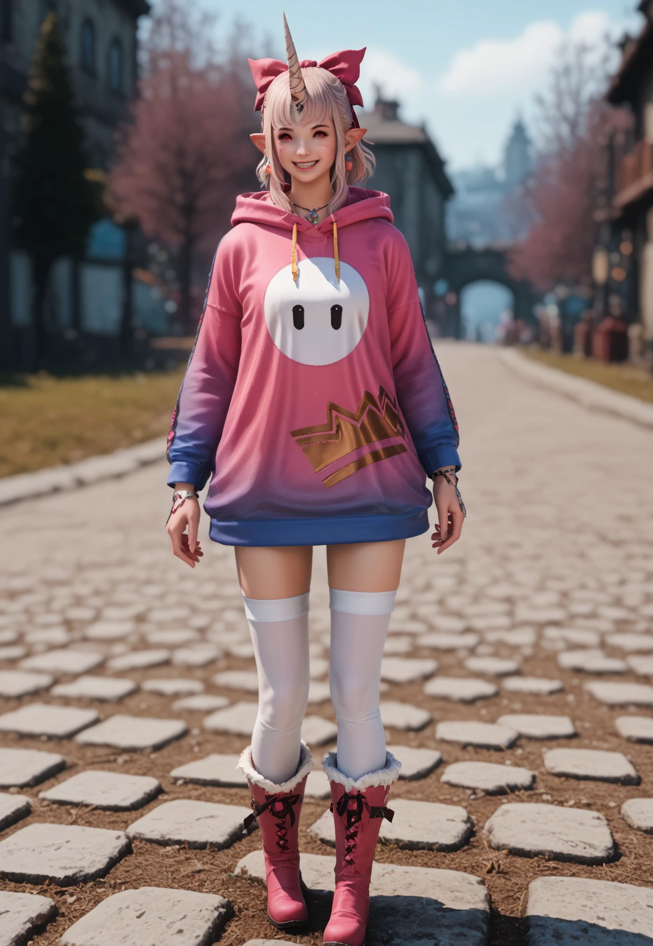 gentlebean_ffxiv, 1girl, horns, solo, thighhighs, pointy ears, single horn, blurry background, jewelry, earrings,  hoodie, looking at viewer, white thighhighs, hood, pink jacket, standing, fur trim,  red eyes, full body, smile, outdoors, pink hoodie, bow, clothes writing, hood down, boots, hair bow, ultra hd, 32k BREAK PonyXLV6_Scores