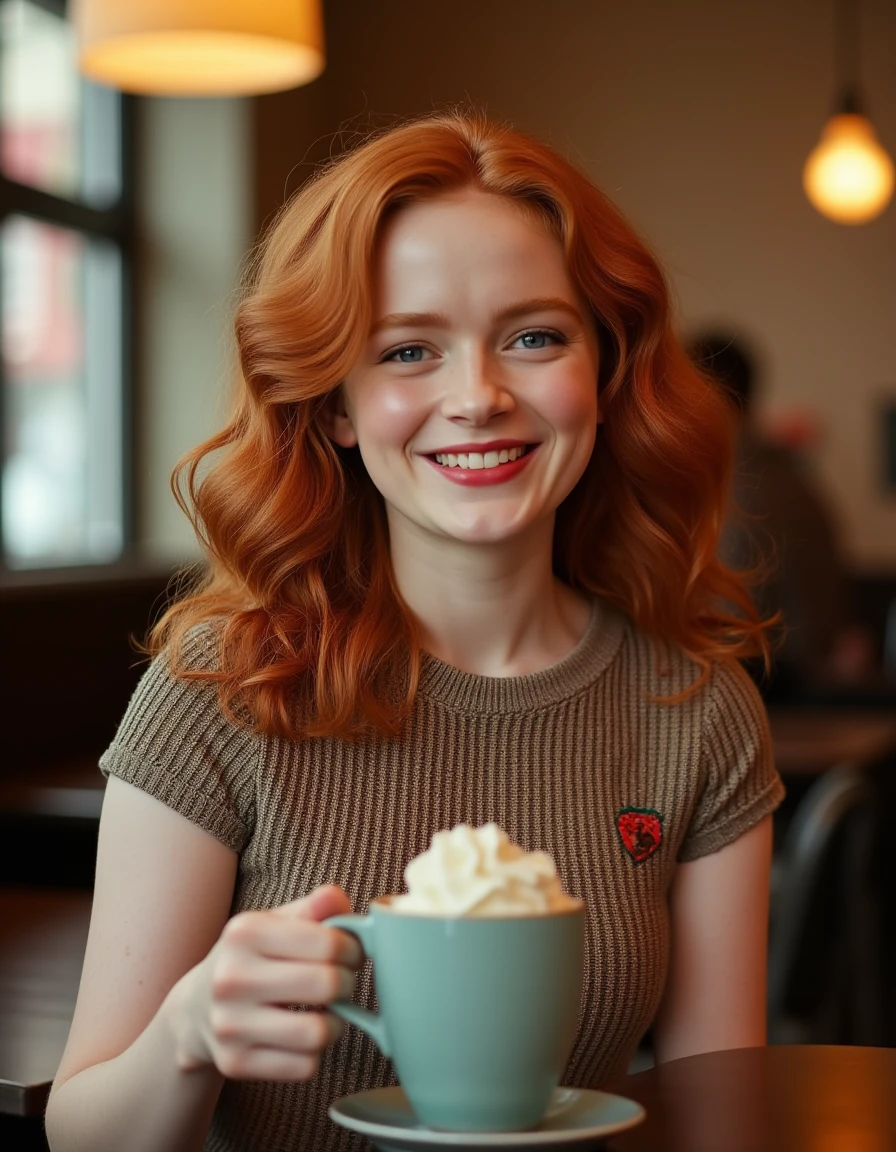 ((redhead woman:1.2)), ((brown eyes:1.1)), ((Polish ethnicity:1.1)), enjoying a casual coffee:1.4), sitting at a vintage café:1.3), relaxed atmosphere:1.2), ((sipping coffee:1.5)), classic interior design:1.3), comfortable seating:1.1), sunlight streaming through windows:1.2), elegant and timeless ambiance:1.3), delicate details:1.2), ((subtle smile:1.4)), (natural beauty:1.2), (feminine charm:1.1), warm color tones:1.1), (soft focus:1.2), (realistic lighting:1.3), (coffee cup in hand:1.4), (subdued background chatter:1.1), (well-crafted details:1.2), (nostalgic feel:1.3), (homely and inviting:1.2).