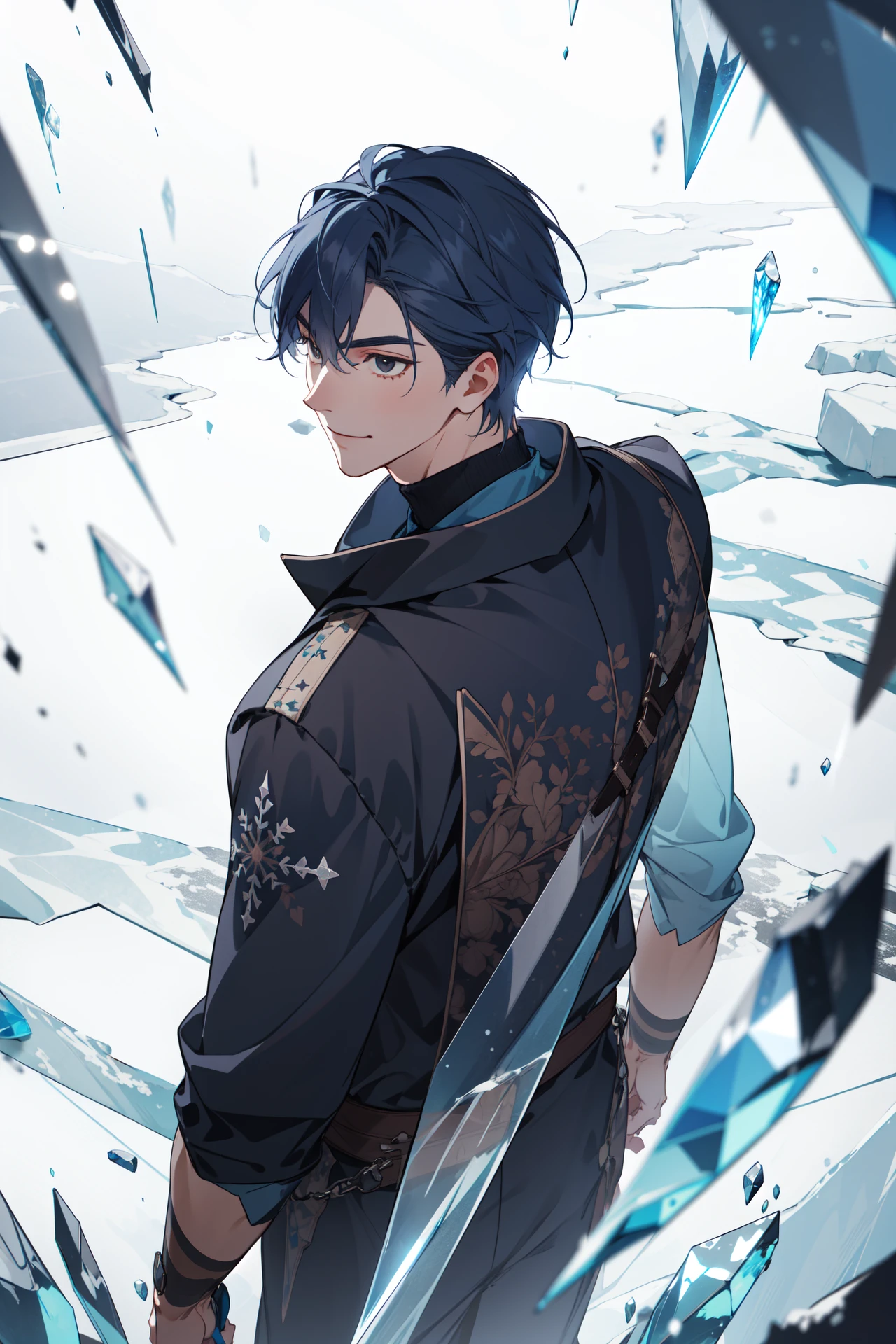 (absurdres, highres, ultra detailed, masterpiece, best quality), cowboy shot, dutch angle, finely detailed eyes and detailed face, intricate details, complex background, cinematic lighting, 1boy, mature, handsome, tall muscular guy, broad shoulders, solo, blue hair, black eyes, winter, white snow, Sharp Ice Shards, very cold, Blue Jewels, frozen, fierce, Shining Ice Shards, Crystal Pillars, Ice Palace, reflection, dungeon, wide shot, depth of field, from directly above, smile